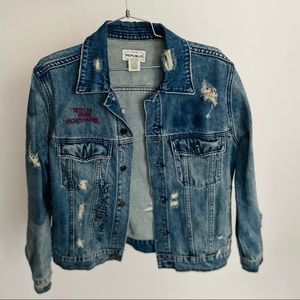 For the Republic distressed embroidered denim jacket